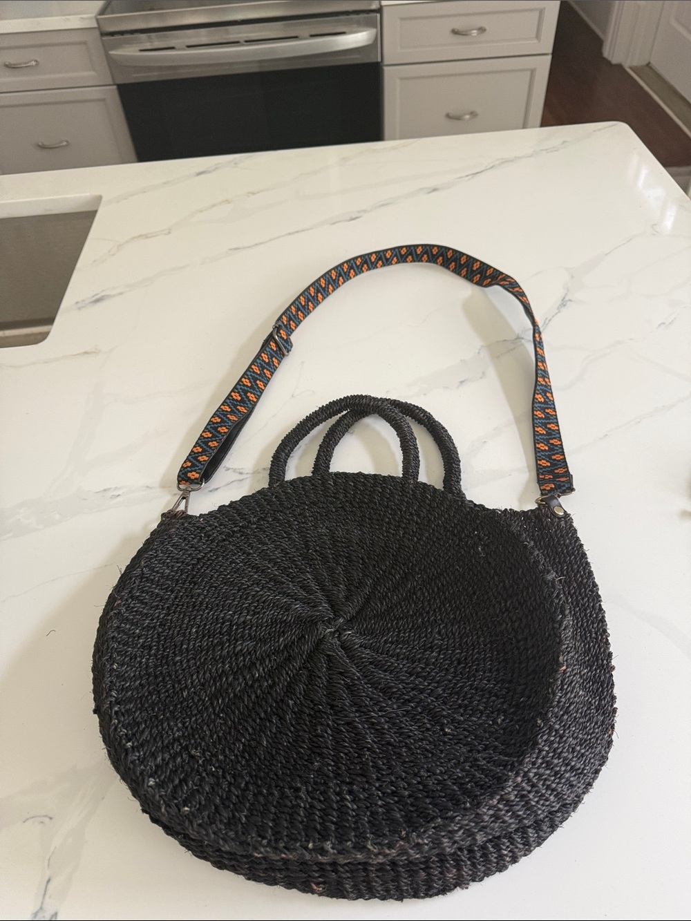 Clare V Black Woven Round Shoulder Bag with Patterned Strap